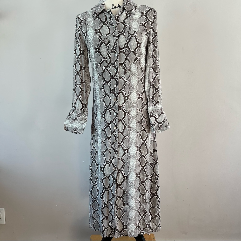 MNG Mango snakeskin snake print midi shirt dress ladies size 2 brown gray